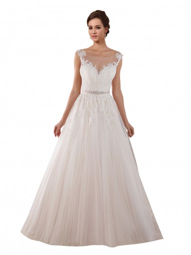 Purchase Illusion Sweetheart Neck Ball Gown Tulle Wedding Dress with Lace Bodice