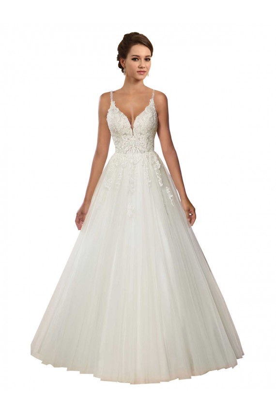 Modern Spaghetti Straps Ball Gown Tulle Wedding Dress with Lace Bodice