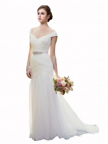 Purchase Cap Sleeves Off the Shoulder Ruched Mermaid Tulle Beach Wedding Dress