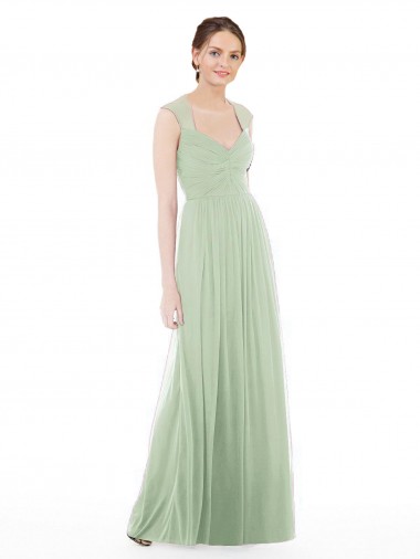 Purchase Sheer Back Cap Sleeves Long Chiffon Bridesmaid Dress 