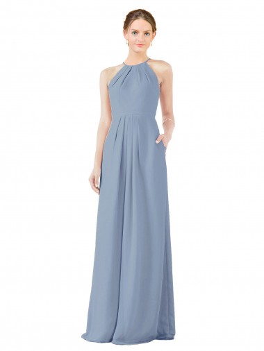 Purchase Fitted Long High Halter Neck Chiffon Bridesmaid Dress with Keyhole Back