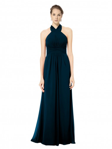Purchase Keyhole Back Long Chiffon Halter Dress with Halter Straps Cross Neck