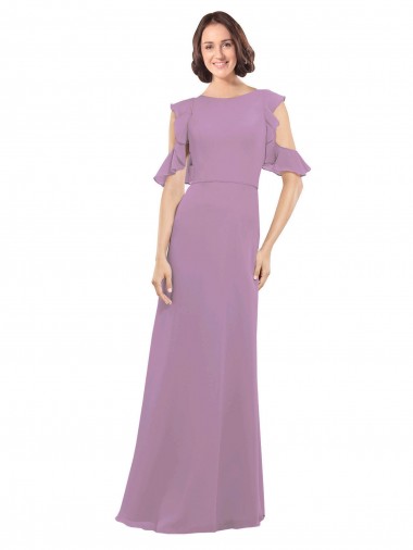 Purchase Long Chiffon Bridesmaids Dress with Flounced Sleeve Detail and Criss Cross Back