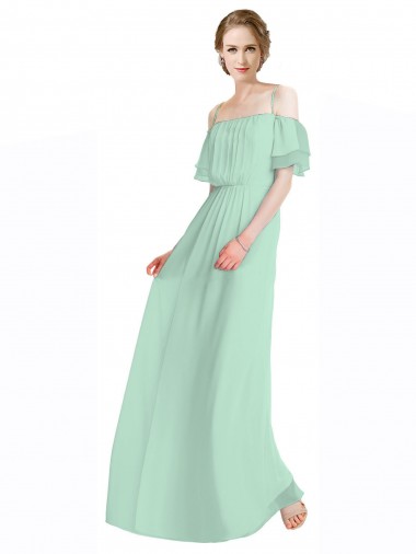 Purchase Spaghetti Straps Long Chiffon Off-The-Shoulder Bridesmaid Dress with Double Flounce Sleeves