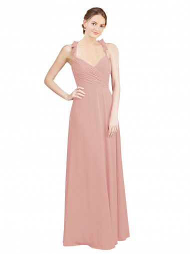 Purchase Ruched Sweetheart Halter Neckline Chiffon Bridesmaid Dress with Tie Open Back