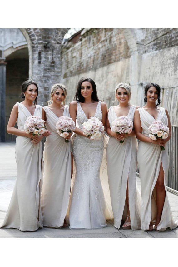 Chiffon Long Champagne Bridesmaid Dresses with Sexy High Slit and Front Ruffles