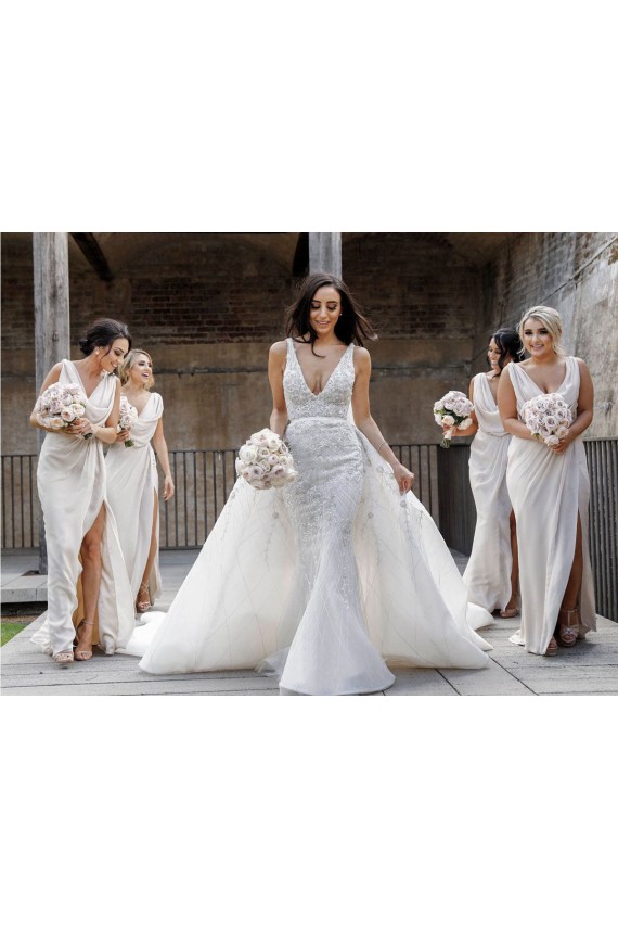 Chiffon Long Champagne Bridesmaid Dresses with Sexy High Slit and Front Ruffles