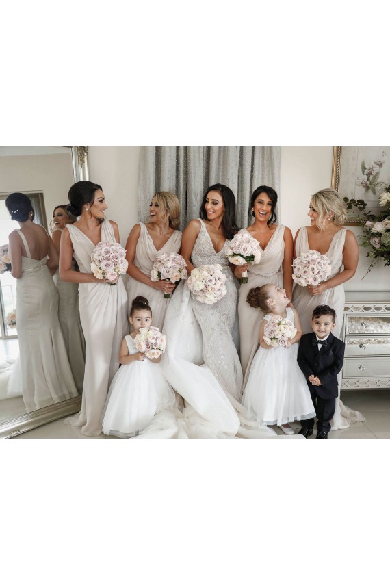 Chiffon Long Champagne Bridesmaid Dresses with Sexy High Slit and Front Ruffles