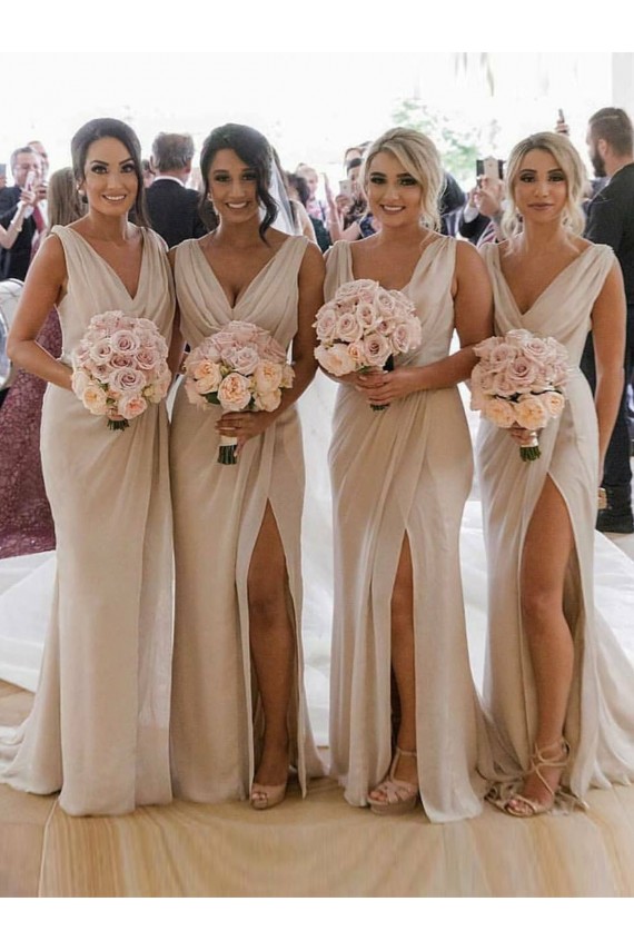 Chiffon Long Champagne Bridesmaid Dresses with Sexy High Slit and Front Ruffles