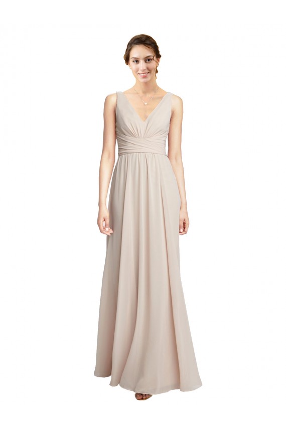 Long V-Neck Chiffon Bridesmaids Dress with Double Straps