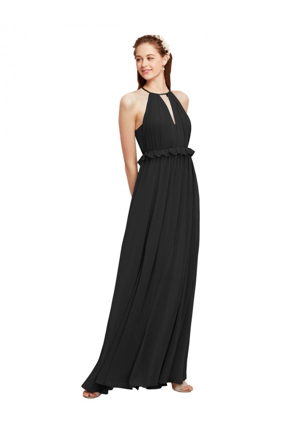 Halter Neck Front Keyhole Chiffon Bridesmaid Dress with Shirred Waist