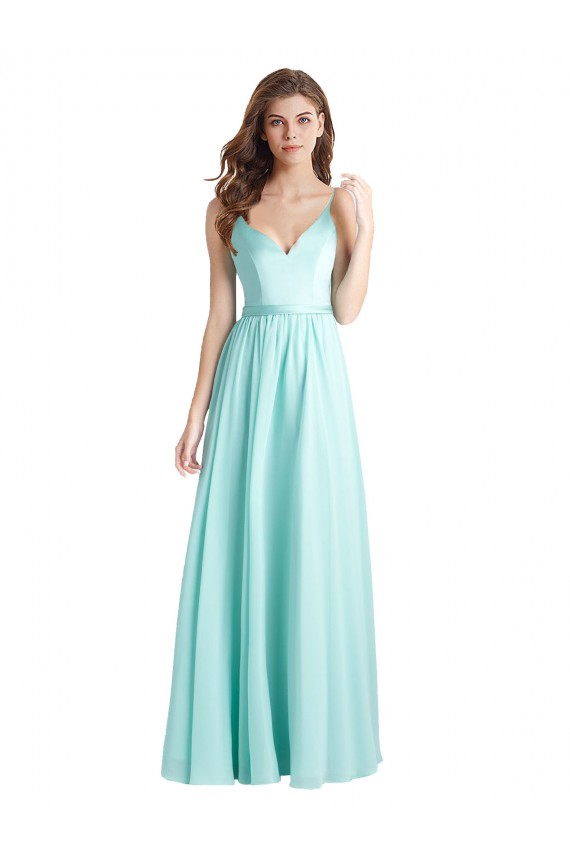 Long V-Neck Chiffon Bridesmaid Dress with Satin Bodice