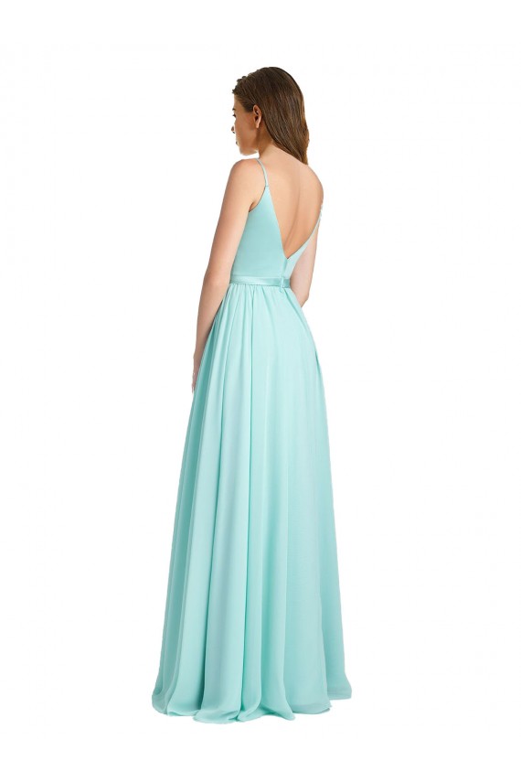 Long V-Neck Chiffon Bridesmaid Dress with Satin Bodice