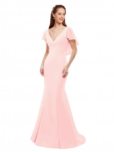 Purchase Fit and Flare Chiffon Bridesmaid Dress with V-Neck and Flutter Sleeves