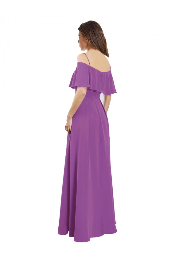 Draped Off The Shoulder Chiffon Bridesmaid Dress with Spaghetti Straps and Ruffled Neckline