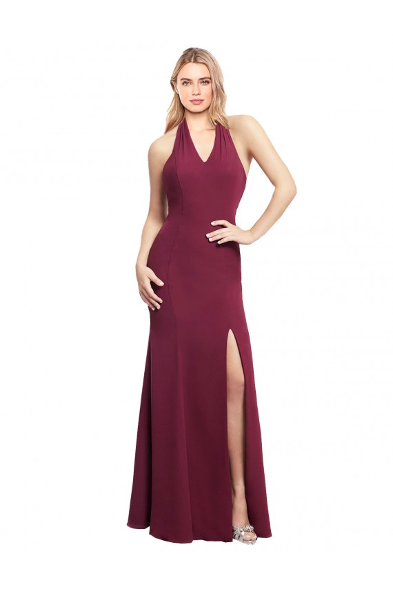 Chiffon Mermaid Bridesmaid Dress with Back Tie Halter Straps and Side Slit