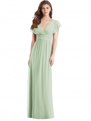 Purchase Flutter Sleeves Draped Wrap V-Neck Chiffon Bridesmaid Dress