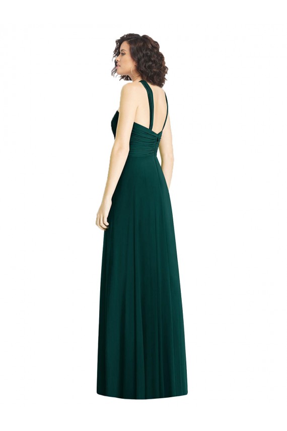 Draped Halter Neck Long Chiffon Bridesmaid Dress with Low Back