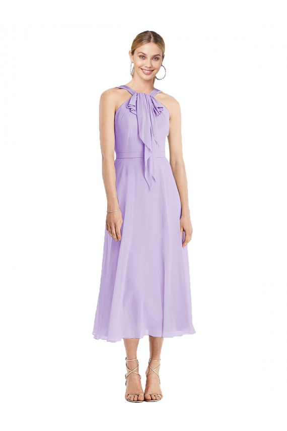Midi Length Halter Plunging V-Back Chiffon Bridesmaid Dress / Cocktail Dress