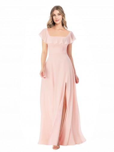 Purchase Flutter Cap Sleeves Square Neck Ruffle Chiffon Bridesmaid Dress with Pockets