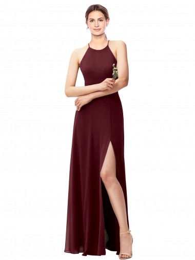 Purchase Slim Long High Halter Neck Chiffon Bridesmaid Dress with High Side Slit