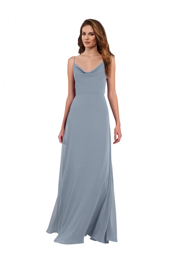 Long Full Length Draped Cowl Neck V-Back Slip Chiffon Bridesmaid Dress
