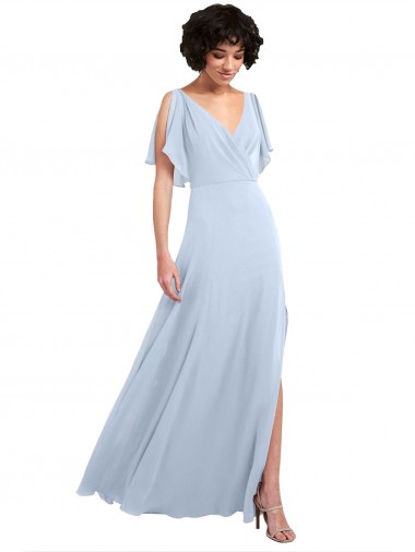 Purchase Split Flutter Sleeves V-Neck Chiffon Bridesmaid Dress with Open V-Back