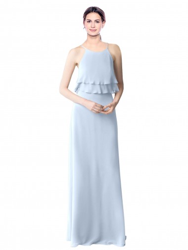Purchase High Narrow Neck Long Chiffon Bridesmaid Dress with Tiered Ruffles