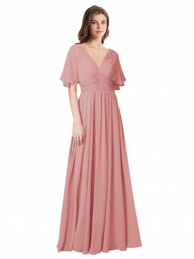 Purchase Flutter Sleeves Plunging V-Neck Boho Chiffon Bridesmaid Dress