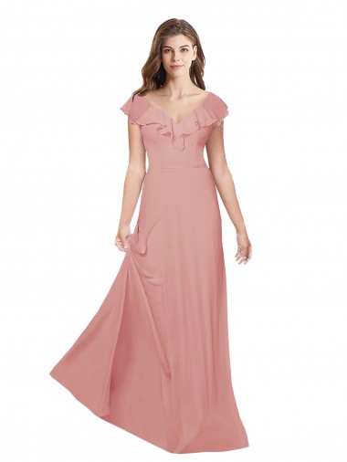 Purchase Flounced V Neckline Flutter Sleeves Chiffon Bridesmaid Dress