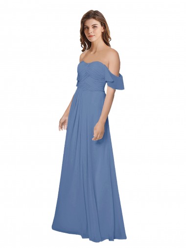 Purchase Flutter Sleeves Scoop Neck Off the Shoulder Long Chiffon Bridesmaid Dress
