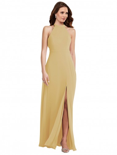 Purchase Stand Collar Halter Maxi Bridesmaid Dress with Criss Cross Open Back