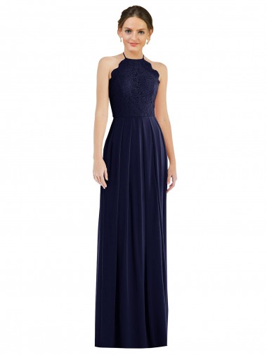 Purchase Tie Neck Lace Halter Pleated Skirt Maxi Bridesmaid Dress