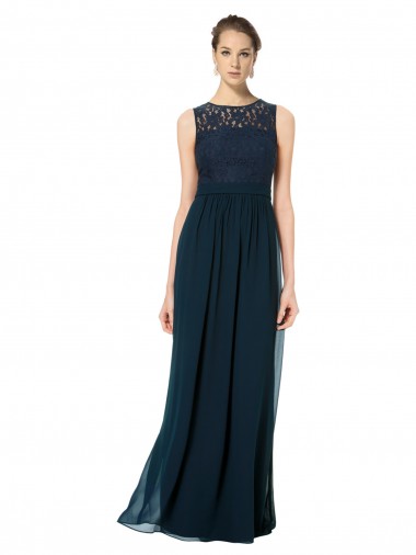 Purchase Long Chiffon Bridesmaid Dress with Lace Sleeveless Bodice and Keyhole Back