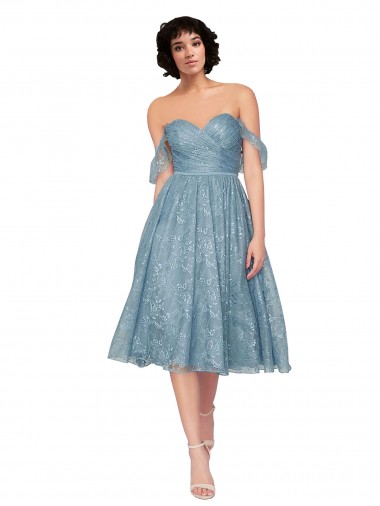 Purchase Off the Shoulder Sweetheart Chantilly Lace Midi Length Cocktail Bridesmaid Dress