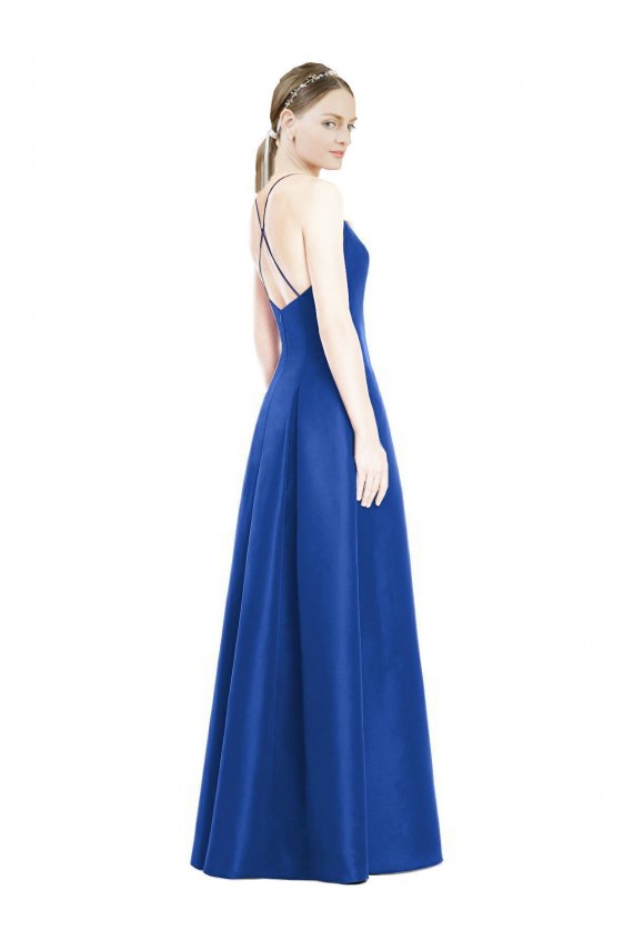 Full Pleated V-Neck Long Satin Bridesmaid Dress with Criss Cross Open Back