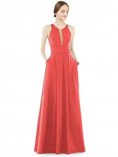 Purchase Sheer V-Neck Tulle Illusion Long Satin Bridesmaid Dress