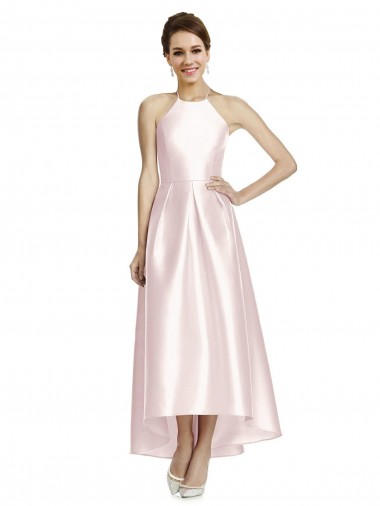 Purchase Long High-Low Halter Satin Bridesmaid Dress with Criss-Cross Back