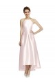 Long High-Low Halter Satin Bridesmaid Dress with Criss-Cross Back