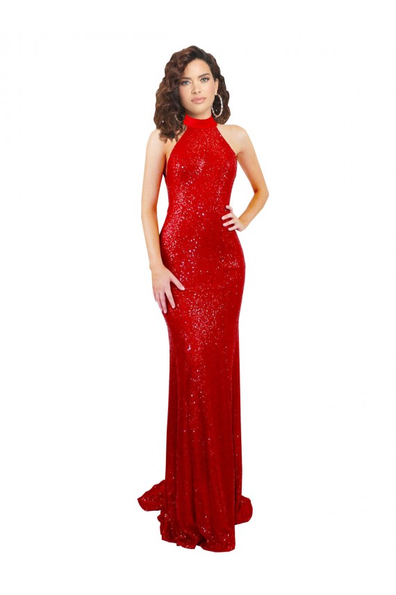 Halter High Neck Mermaid Open Back Formal Sequin Bridesmaid Dress / Prom Dress