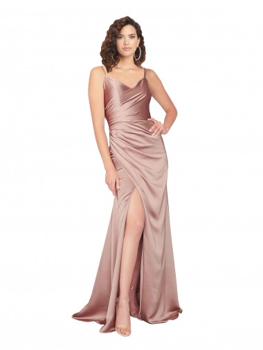 Purchase Floor Length Formal Silky Satin Bridesmaid Dress / Prom Dress with Front Skirt Slit