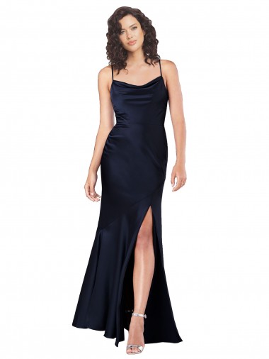 Purchase Draped Cowl Neck Formal Silky Satin Bridesmaid Dress / Prom Dress with Skirt Slit
