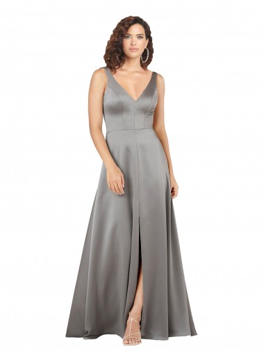 Purchase Plunging V-Neckline Long A-Line Formal Silky Satin Bridesmaid Dress / Prom Dress