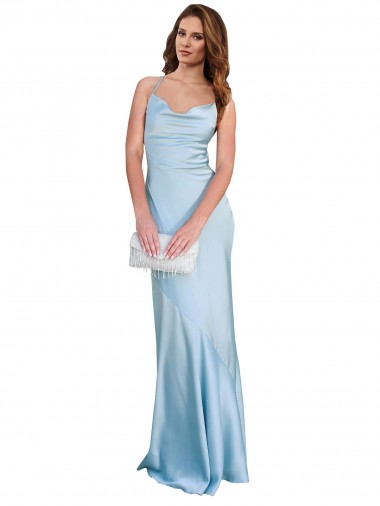 Purchase Open Back with Ties Cowl Neck Sheath Formal Silky Satin Long Bridessmaid Dress