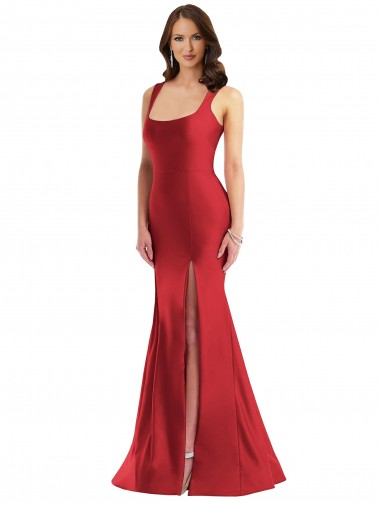 Purchase Square Neck Formal Silky Satin Mermaid Bridesmaid Dress / Prom Dress with Side Slit