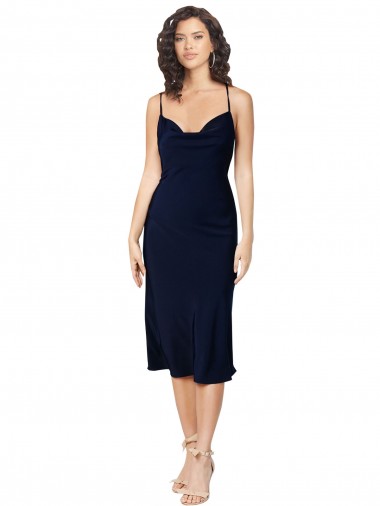 Purchase Short Cocktail Midi Length Formal Silky Satin Bridesmaid Dress / Prom Dress with Cowl Neck and Cross Back Straps