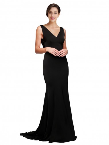 Purchase V-Neck Full Length Formal Silky Satin Bridesmaid Dress / Prom Dress with Soft Cowl Neck and Sweep Train