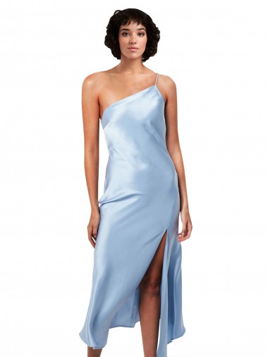 Purchase Midi Length Short Formal Silky Satin Bridesmaid Dress / Cocktail Prom Dress with Asymmetric Neckline and High Side Split