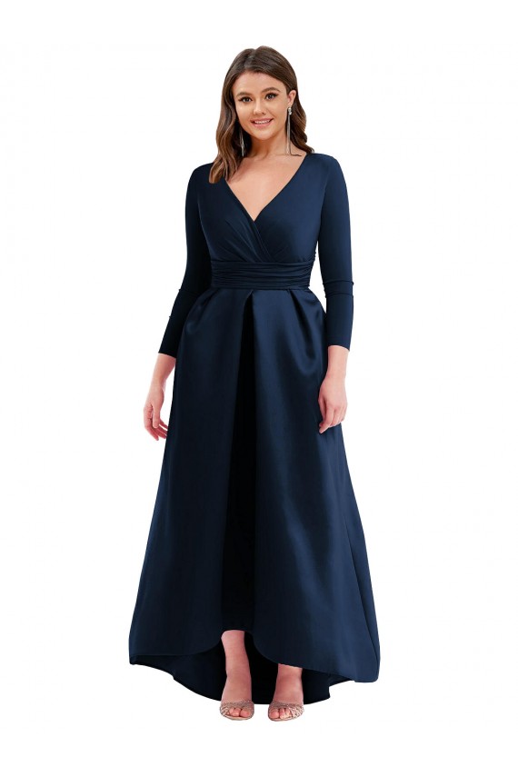 Long Sleeves Wrapped Formal Spandex Bridesmaid Dress / Prom Dress with High Low Full Skirt and Pockets