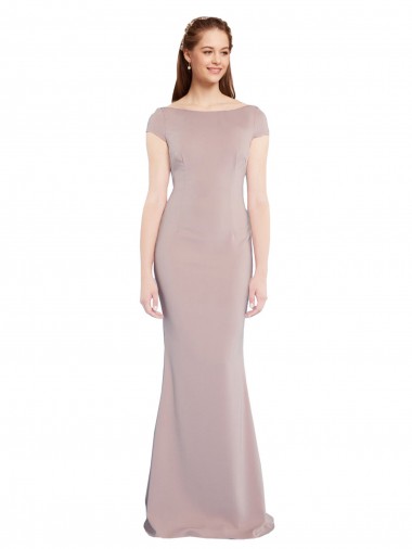 Purchase Boat Neck Cap Sleeve Formal Crepe Bridesmaid Dress / Prom Dress with Plunging Tie Back